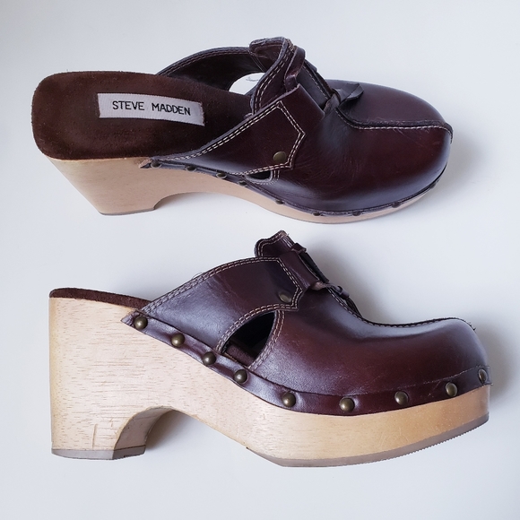 Steve Madden Brown Leather Slip-on Clogs - Picture 12 of 16